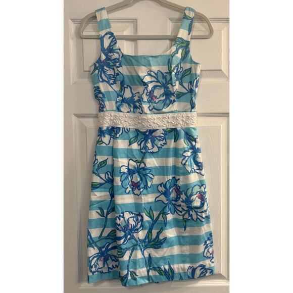 Lilly Pulitzer NWT Dress Sz 2 Serena Blue Tossing the Line Striped Floral Beaded - Picture 1 of 14